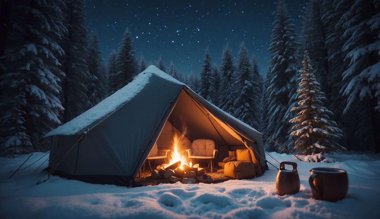 A cozy tent nestled in a snowy forest, with a crackling campfire and steaming mugs of hot cocoa. Snow-covered trees and a starry night sky complete the serene winter camping scene