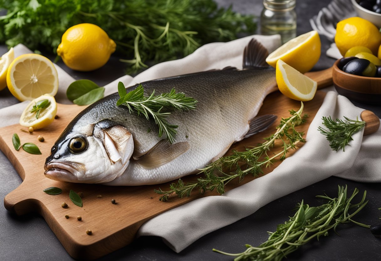 A whole fish lies on a cutting board surrounded by fresh herbs, lemon slices, and olive oil. A baking dish and oven are in the background