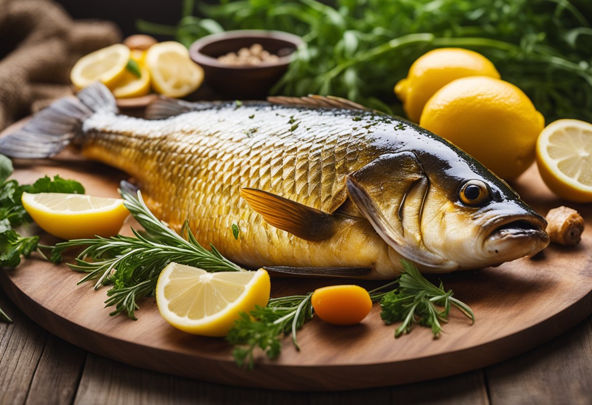 A golden-brown baked fish lies on a bed of fresh herbs and lemon slices, surrounded by colorful roasted vegetables on a rustic wooden platter