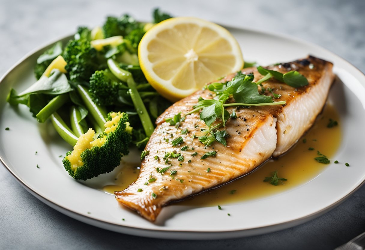 A golden-brown baked fish sits on a white plate, surrounded by vibrant green steamed vegetables and a side of lemon wedges