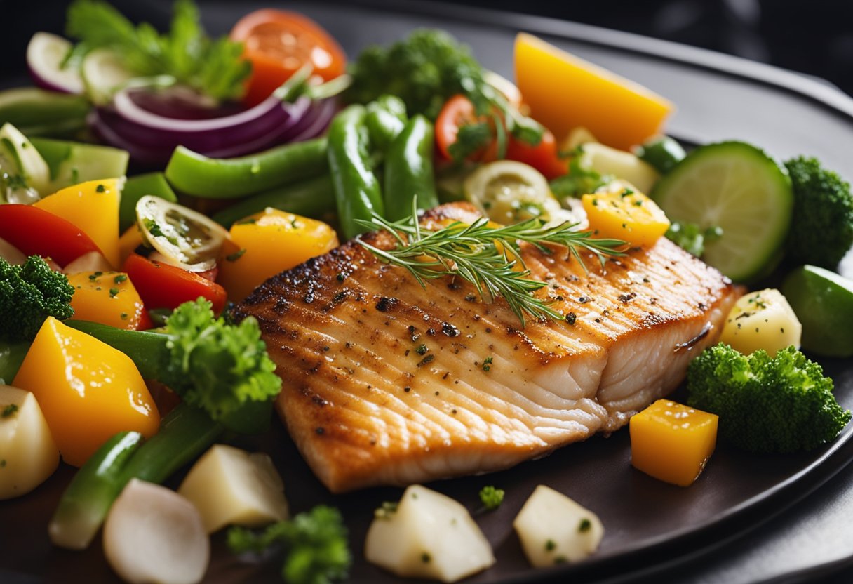 A golden-brown fish fillet sizzling in the oven, surrounded by a medley of colorful vegetables and aromatic herbs