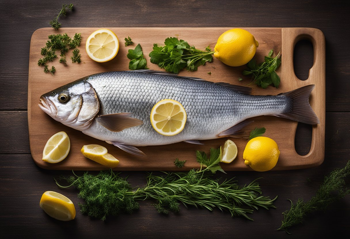 A whole fish lies on a cutting board, scales removed, and gutted. Lemon slices and fresh herbs are scattered around it