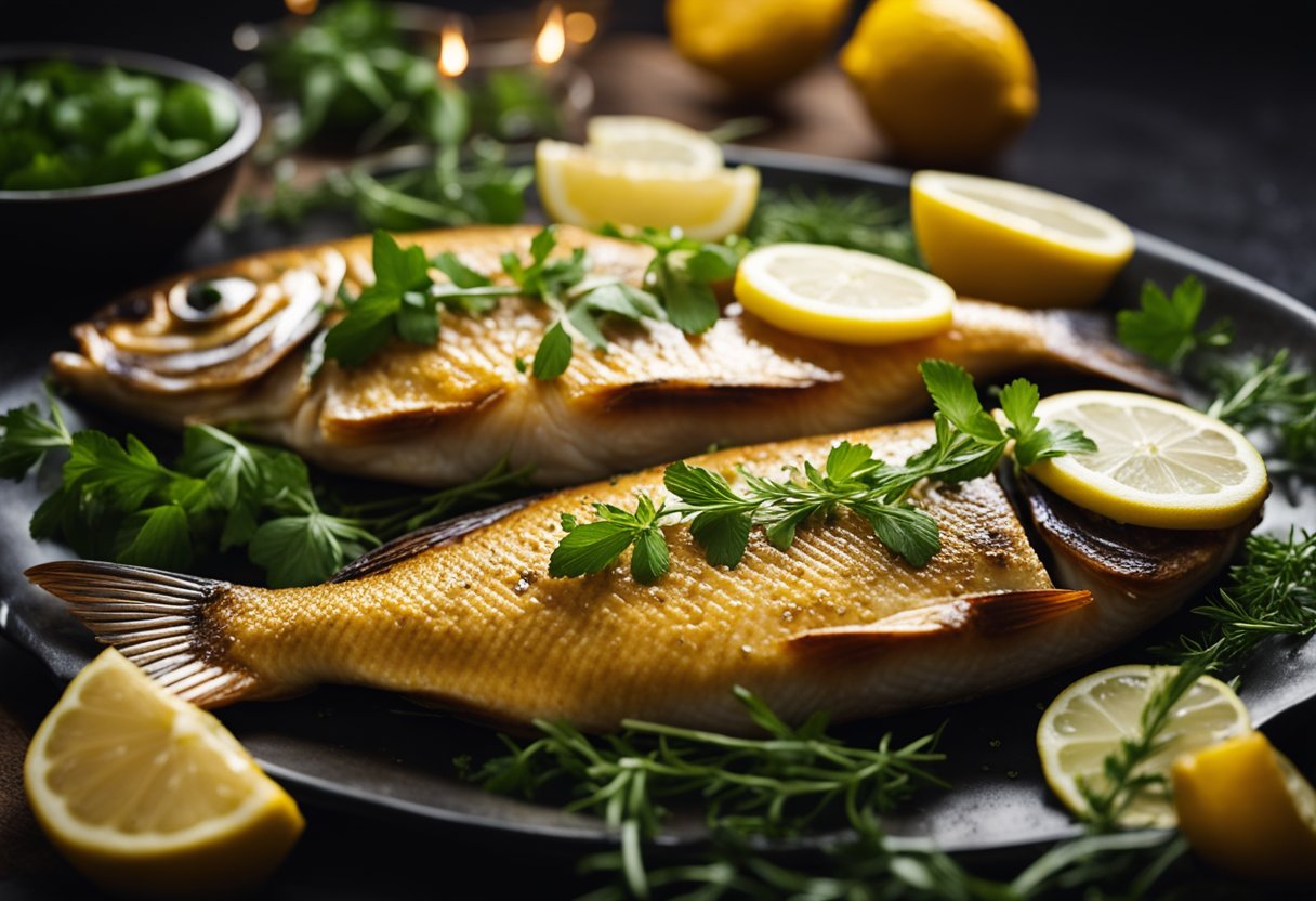 A golden-brown fish bakes in the oven. A platter of steaming fish is served with lemon wedges and fresh herbs