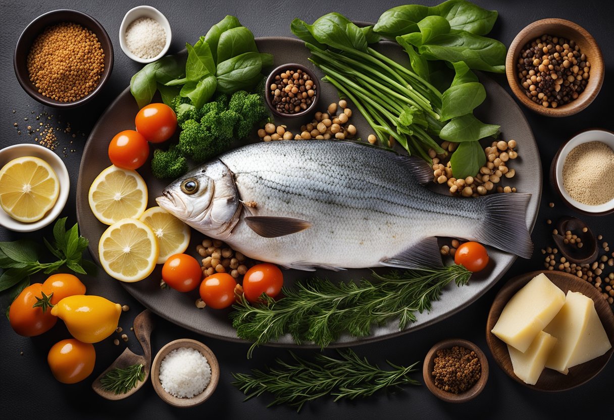 A plate of perfectly baked fish surrounded by various ingredients and spices, with a list of frequently asked questions about fish recipes in the background