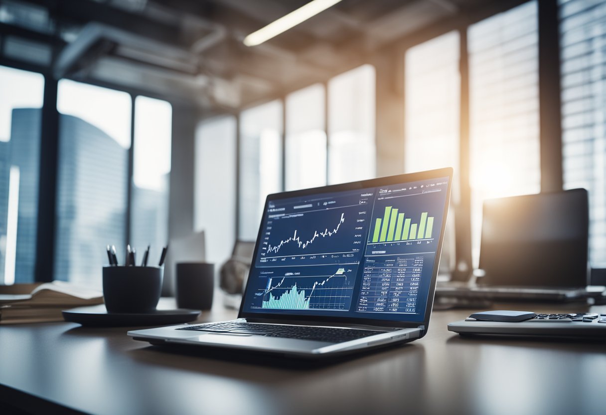 A busy office with financial charts and graphs on the walls, a calculator on the desk, and a laptop displaying tax planning strategies