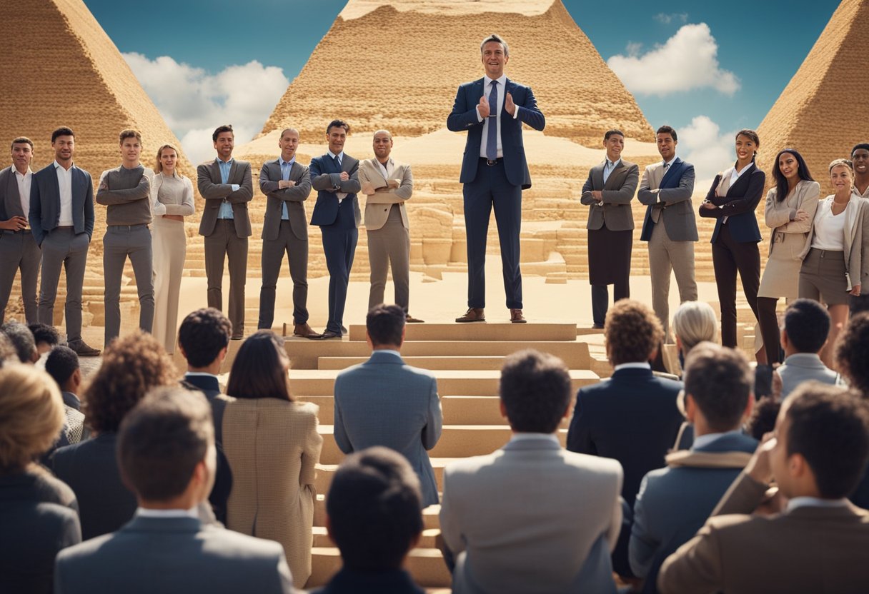 A group of people gather around a charismatic leader, who promises quick and easy financial gains. Others are lured in by the promise of high returns. The leader stands at the top of a pyramid, while the rest form the base, unaware of the