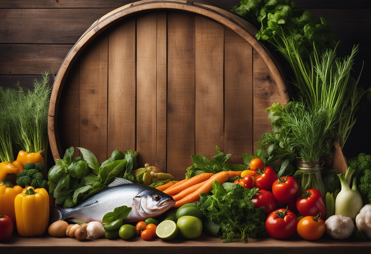 A wooden barrel overflowing with fresh fish, surrounded by vibrant herbs and colorful vegetables, ready to be transformed into delicious recipes