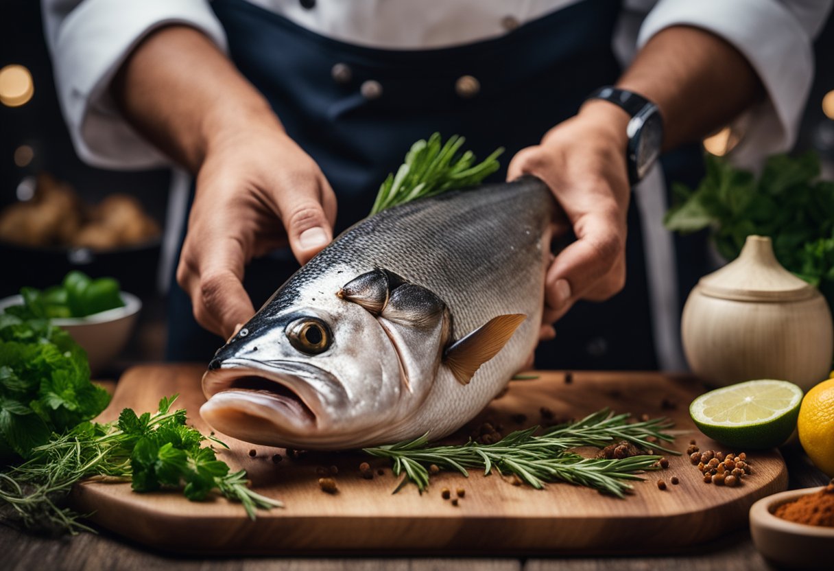 A chef seasoning and marinating a whole barrel fish on a wooden cutting board, surrounded by various herbs and spices