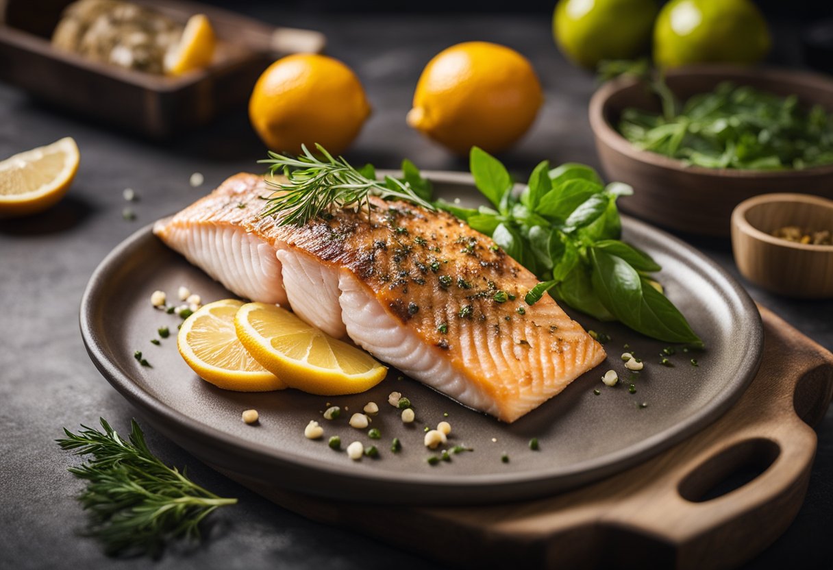 A chef fillets a barrel fish, then marinates it in citrus and herbs before grilling to perfection