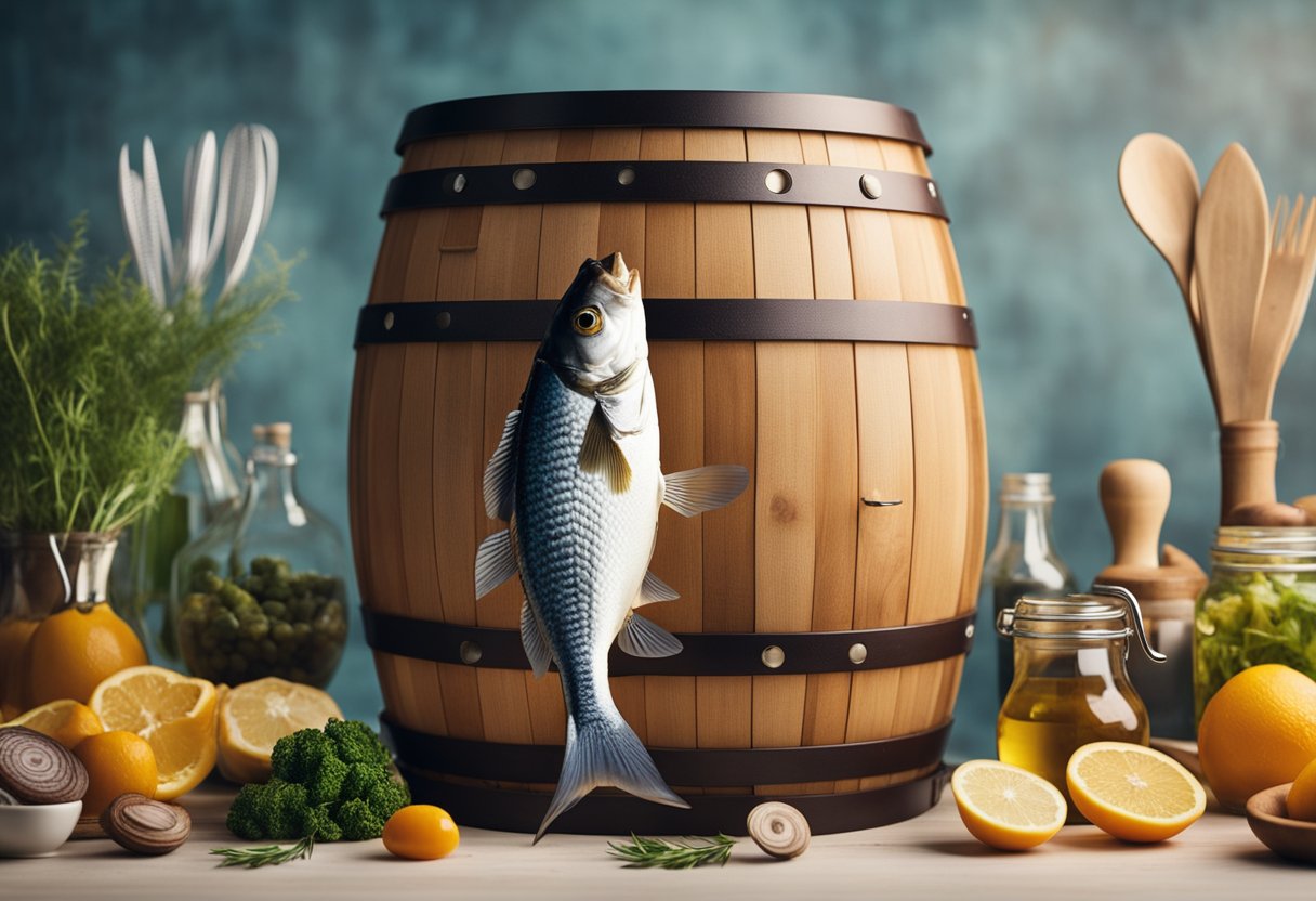 A barrel fish surrounded by various ingredients and cooking utensils, with a list of frequently asked questions about barrel fish recipes displayed nearby