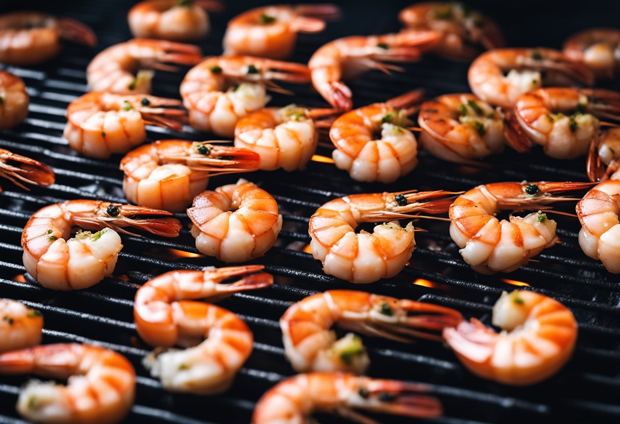 Juicy prawns sizzling on a hot grill with a hint of garlic and barbecue char