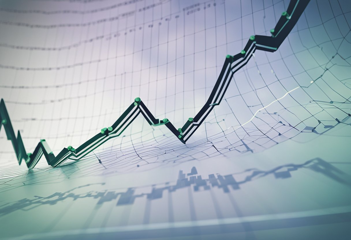 Interest rates graph rising, economy slowing, investment declining. Graph lines intersecting, showing impact