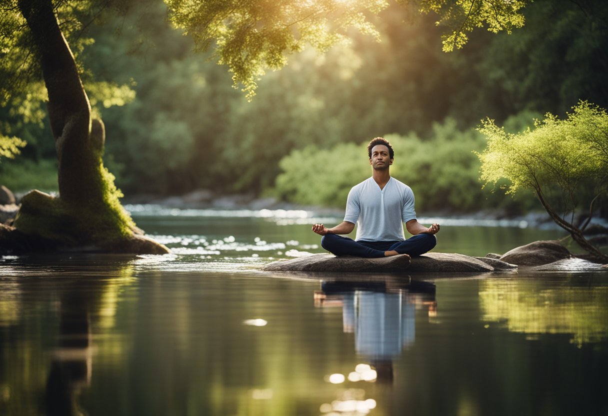 A peaceful scene with a person meditating in a serene natural setting, surrounded by calming elements like water, trees, and gentle sunlight