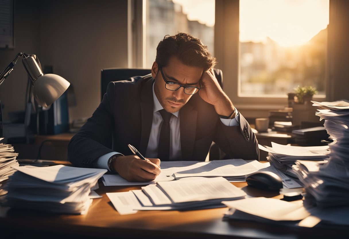 A person sits at a cluttered desk, surrounded by bills and financial documents. They appear stressed and overwhelmed, with a furrowed brow and tense posture. Outside, the sun is setting, casting a warm glow through the window