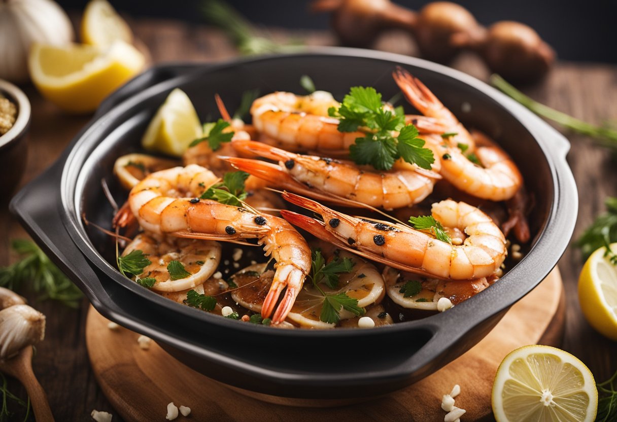 Prawns being marinated in garlic and spices before grilling