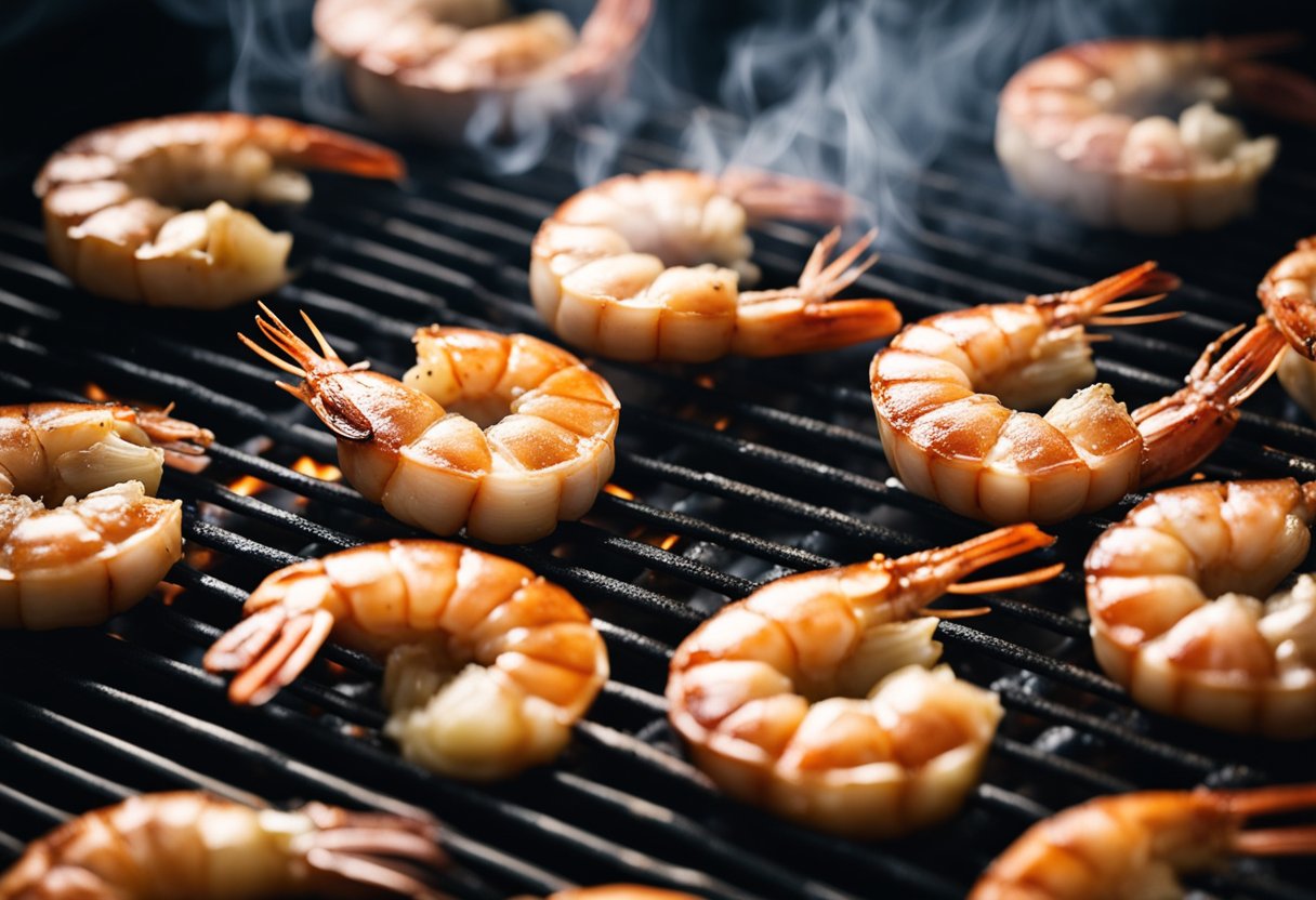 Garlic prawns sizzling on a hot barbecue, smoke rising, as they are being flipped and basted with a savory marinade