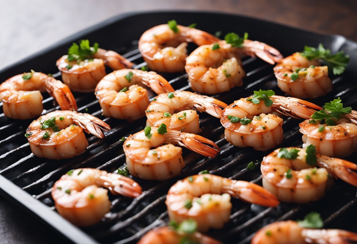 A sizzling grill cooks plump prawns coated in savory garlic sauce, emitting a mouthwatering aroma. The prawns are arranged neatly on a serving platter, ready to be enjoyed