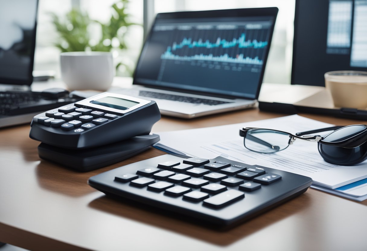 A desk with a computer displaying financial statements, a calculator, and a pen. A stack of company reports and a magnifying glass