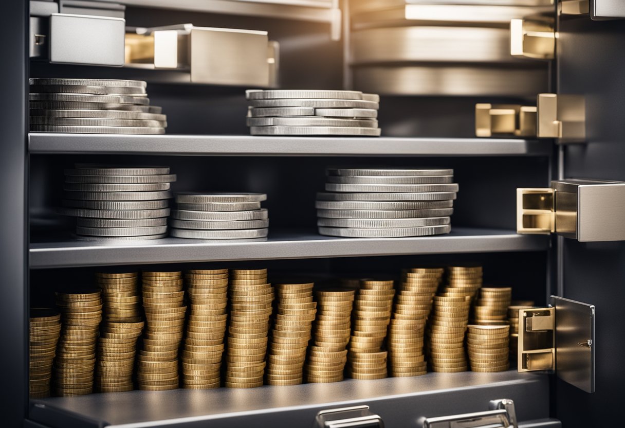 A stack of cash and coins in a safe, surrounded by a sturdy vault door and shelves stocked with emergency supplies