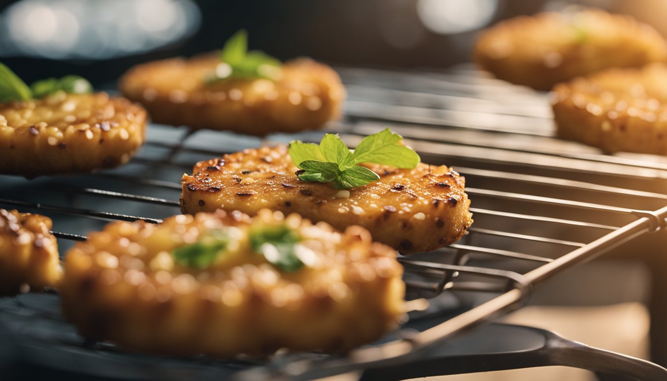 Golden brown prawn cakes cooling on a wire rack. Aromas of fragrant spices fill the air
