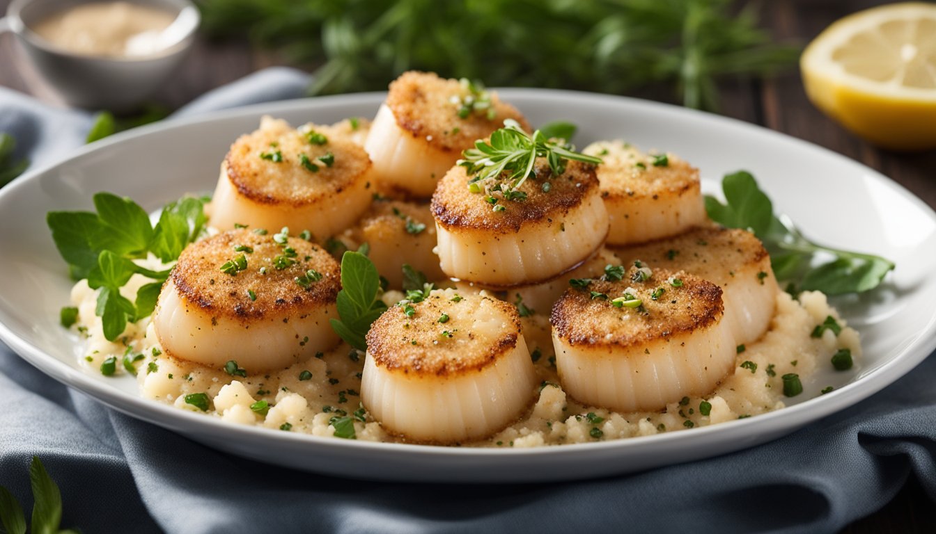 Plump scallops arranged on a bed of seasoned breadcrumbs, drizzled with melted butter, and garnished with fresh herbs