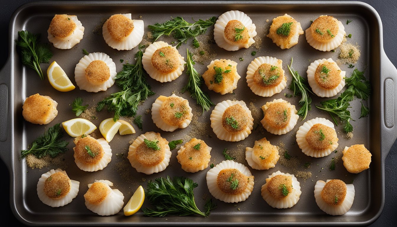 Scallops arranged on a baking sheet, brushed with butter, and sprinkled with breadcrumbs and herbs, ready to be baked
