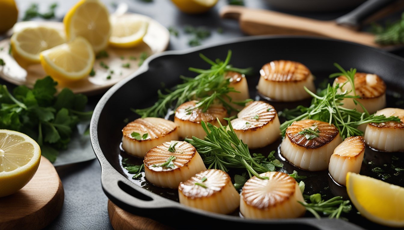 Scallops sizzle in a hot skillet, surrounded by garlic, butter, and fresh herbs. A chef's knife slices through a lemon, ready to drizzle its juice over the golden-brown scallops