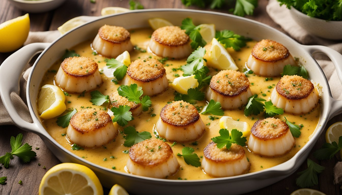 Golden-brown scallops sizzling in a buttery garlic sauce, topped with a sprinkle of breadcrumbs and fresh parsley. A baking dish sits on a rustic wooden table, surrounded by scattered lemon wedges and a small bowl of melted butter