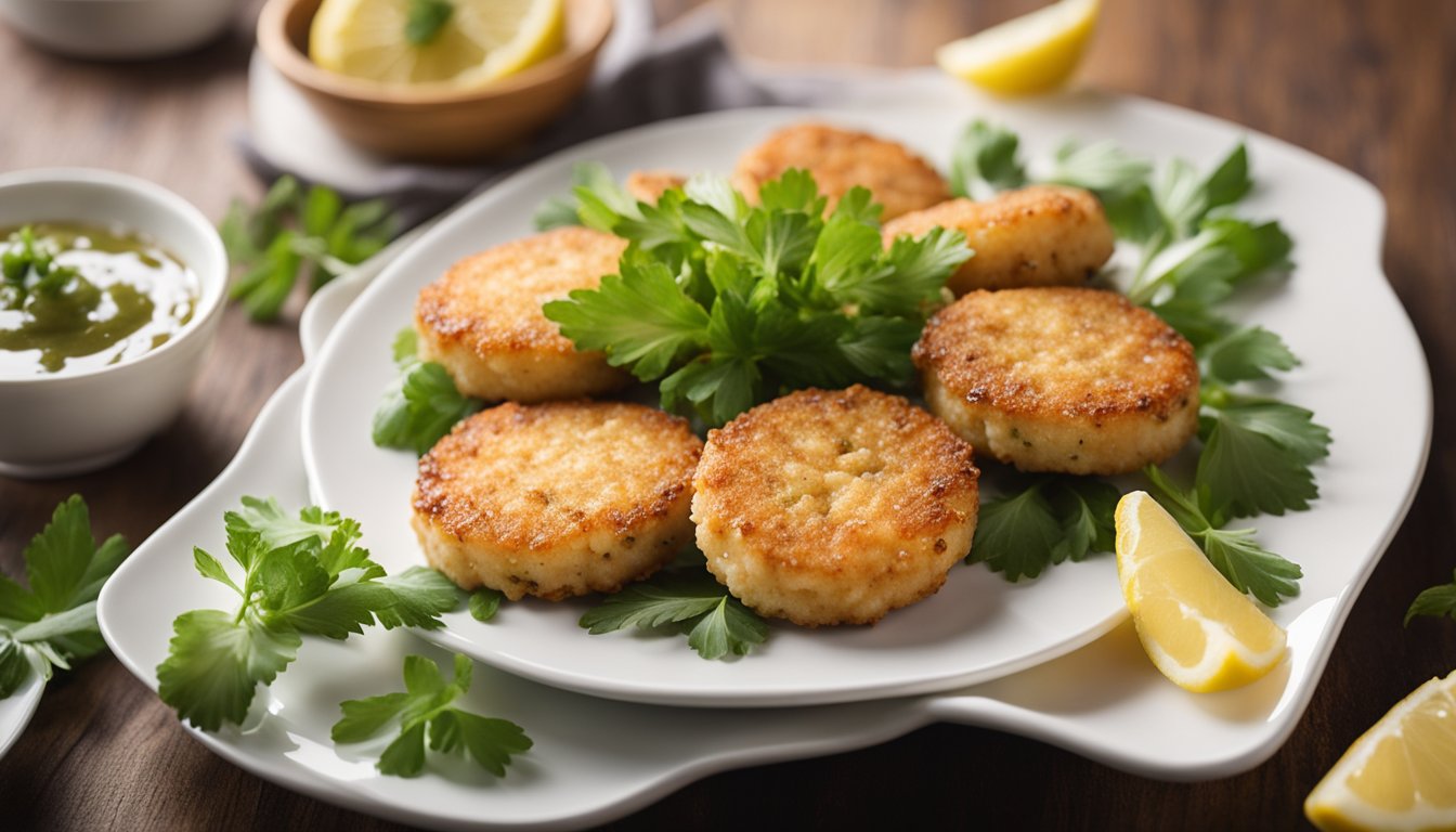 Golden brown prawn cakes arranged on a white serving platter with a side of tangy dipping sauce, surrounded by fresh herbs and lemon wedges