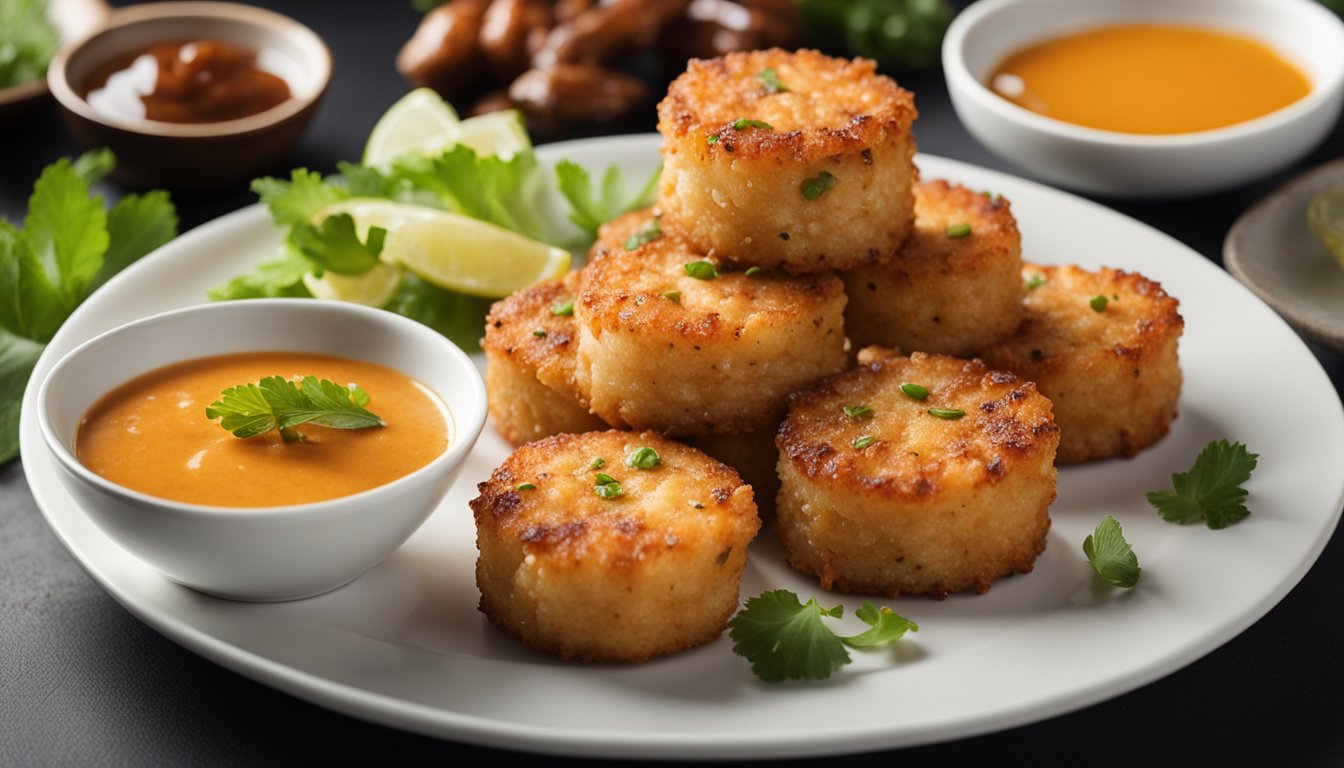 Baked prawn cakes arranged on a platter with a side of dipping sauce. A stack of plates and utensils nearby