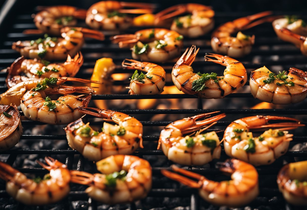 Sizzling bbq prawns on a smoking hot grill. Juicy and charred, with a hint of lemon and herbs