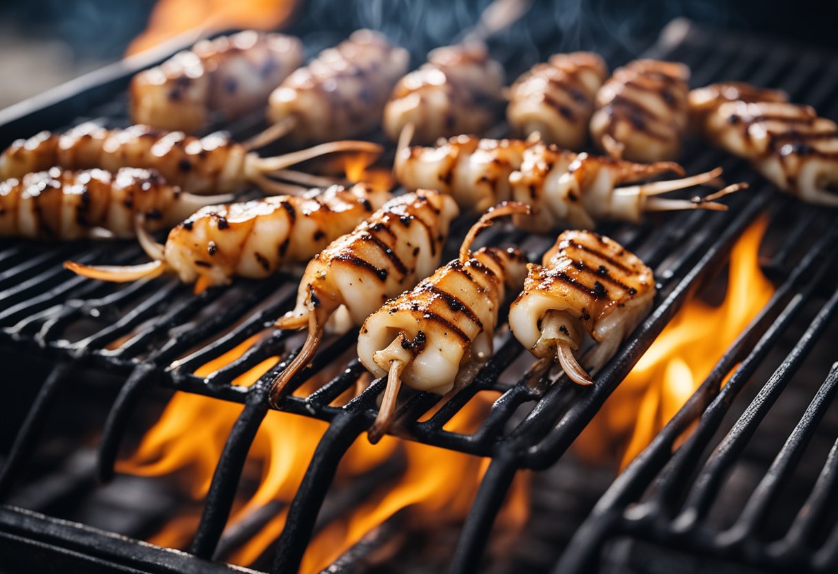 Sizzling bbq squid on a hot grill, with charred grill marks and a drizzle of tangy sauce