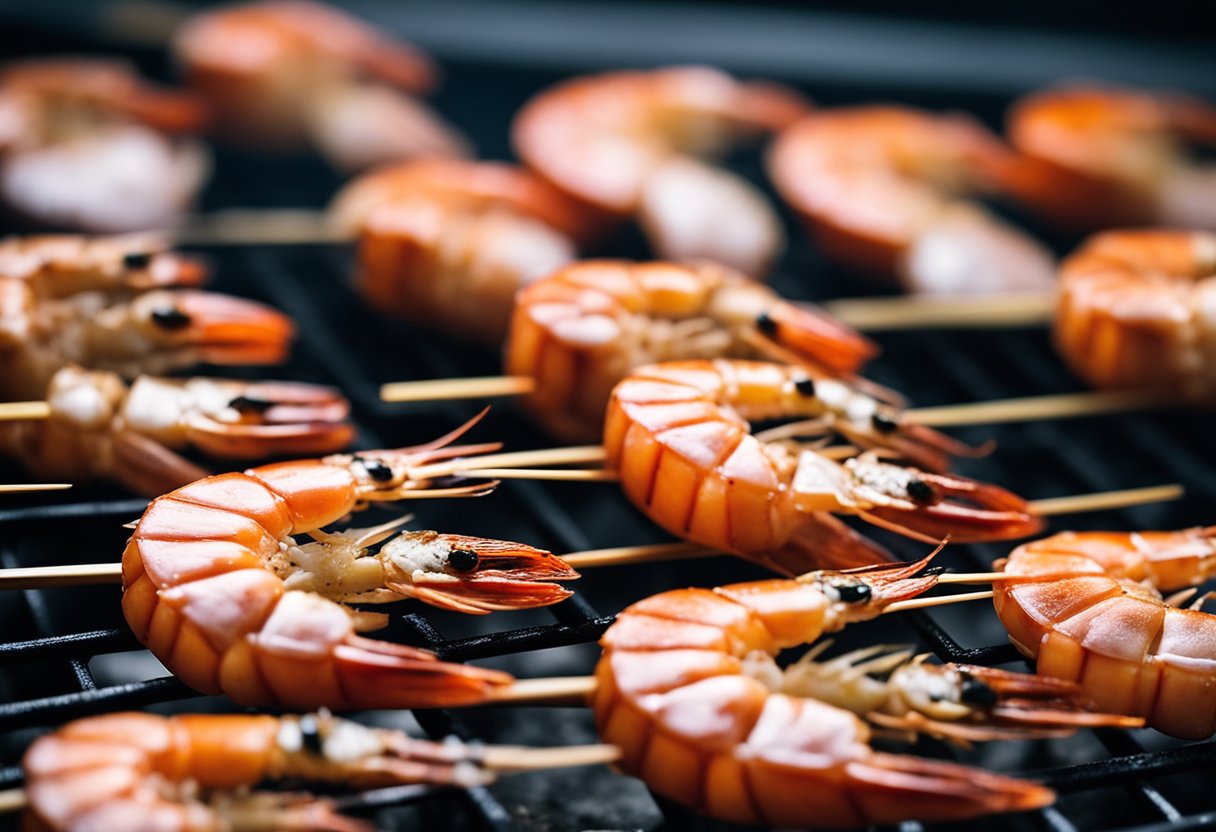 Prawns are being seasoned and skewered before being placed on a hot grill to cook. The sizzle and aroma of the prawns cooking fills the air