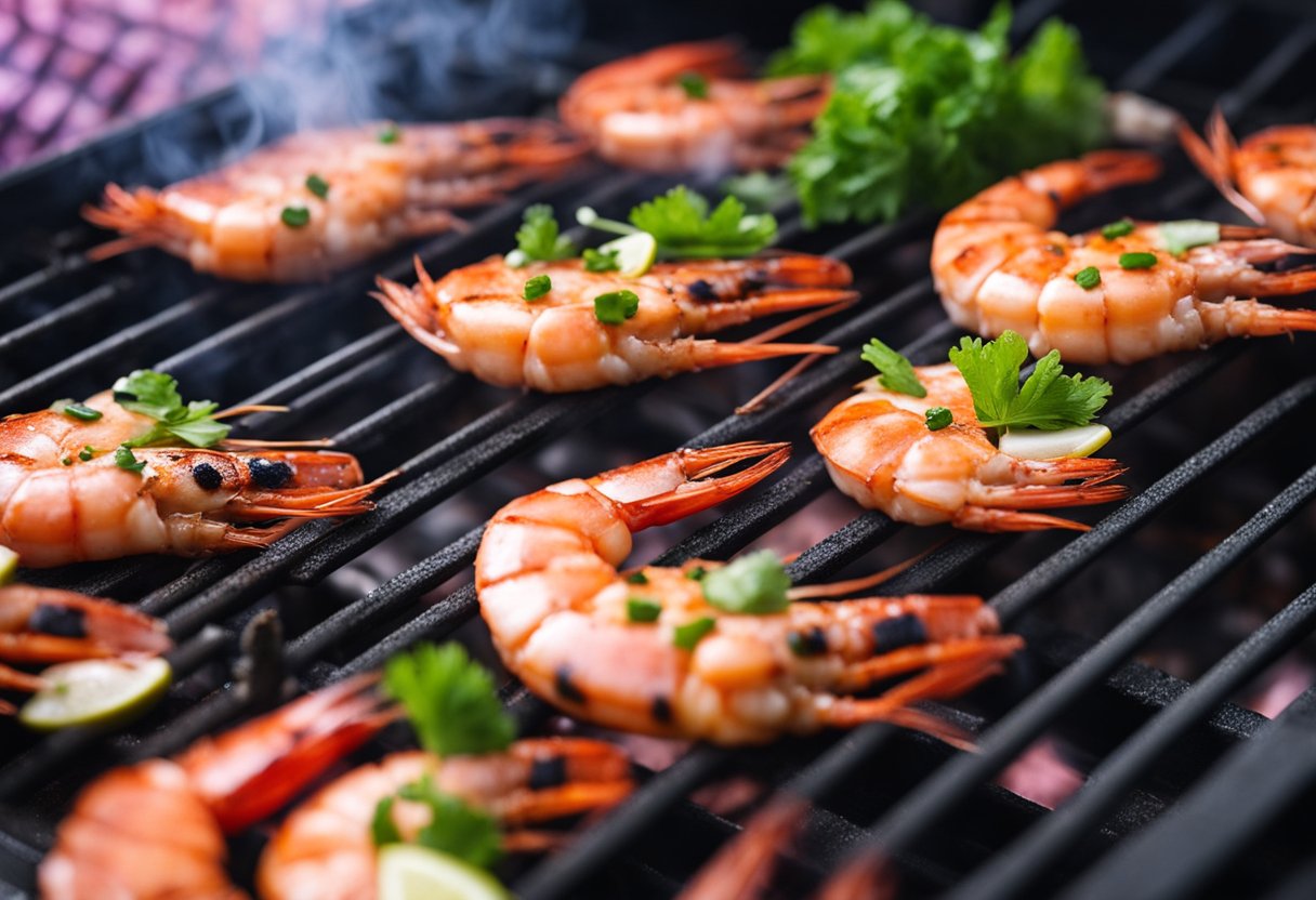 Prawns sizzling on a hot grill, with grill marks forming on their pink shells. Smoke rises as they cook, and the aroma of seafood fills the air