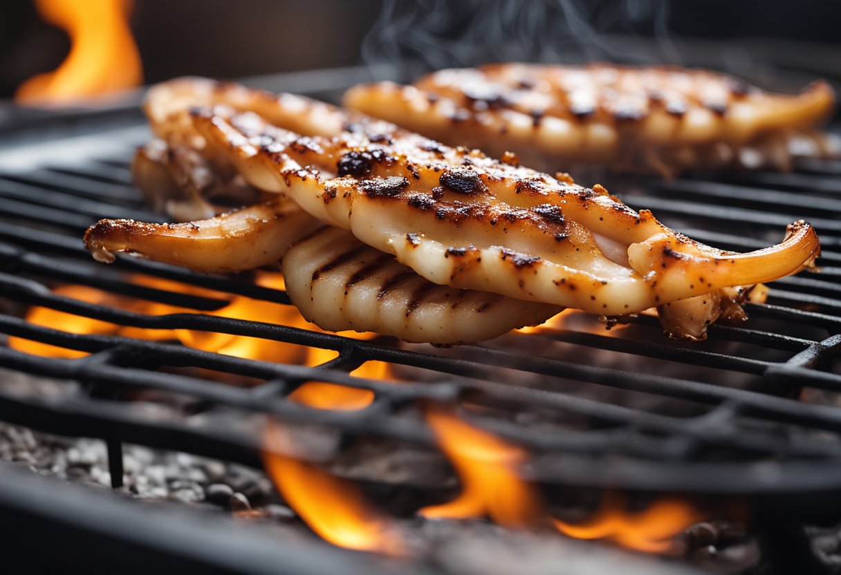 Sizzling squid on a hot grill, turning golden brown with charred grill marks. Flames licking the edges as the aroma of smoky seafood fills the air