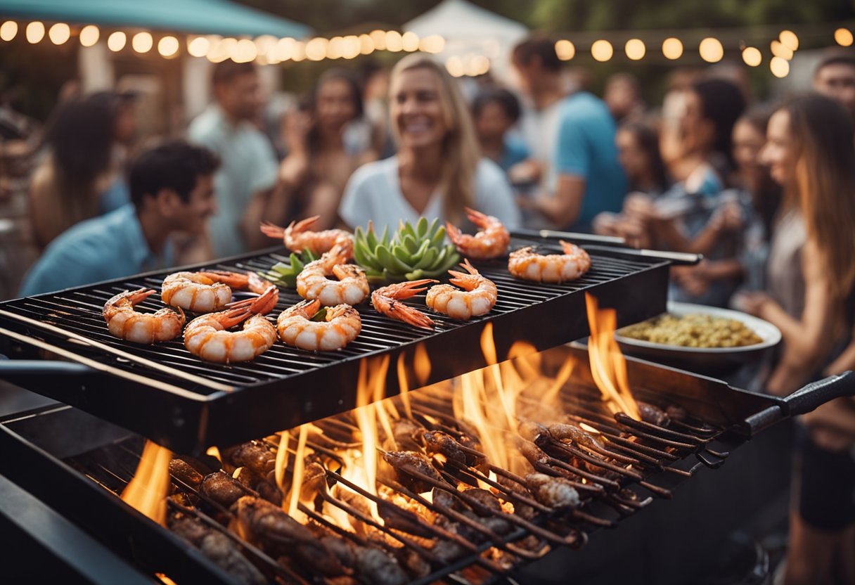 A sizzling barbecue grill with succulent prawns, surrounded by a crowd of hungry onlookers at a lively outdoor gathering