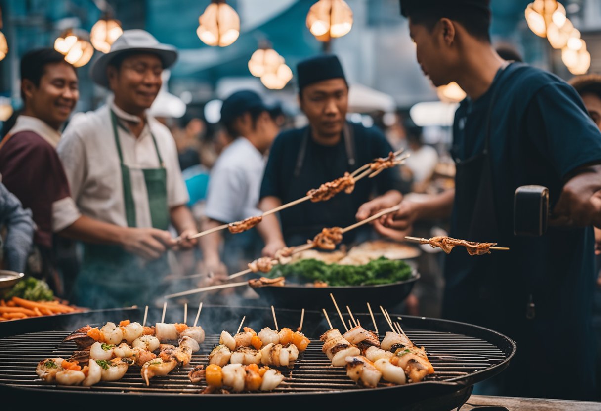 A grill sizzling with skewered squid, surrounded by curious onlookers at a bustling outdoor market