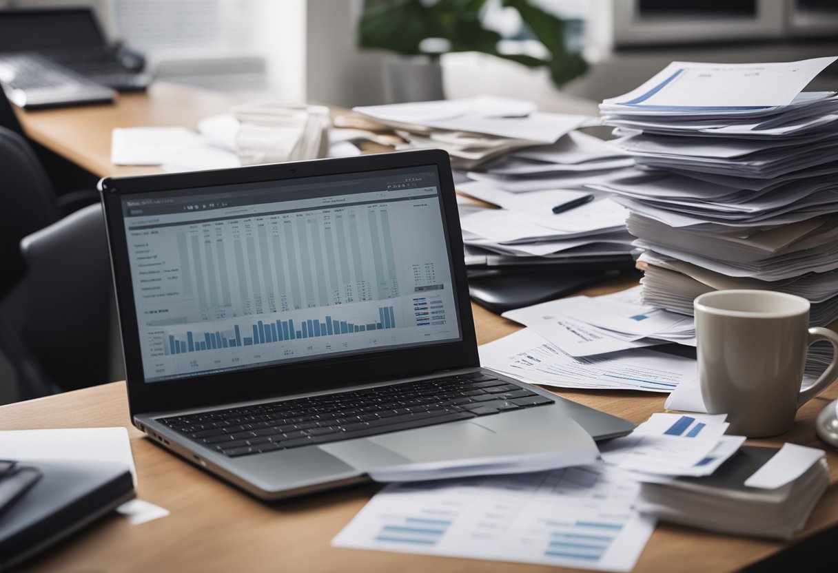 A cluttered desk with scattered invoices and receipts, a laptop displaying financial spreadsheets, and a stressed freelancer staring at a calculator