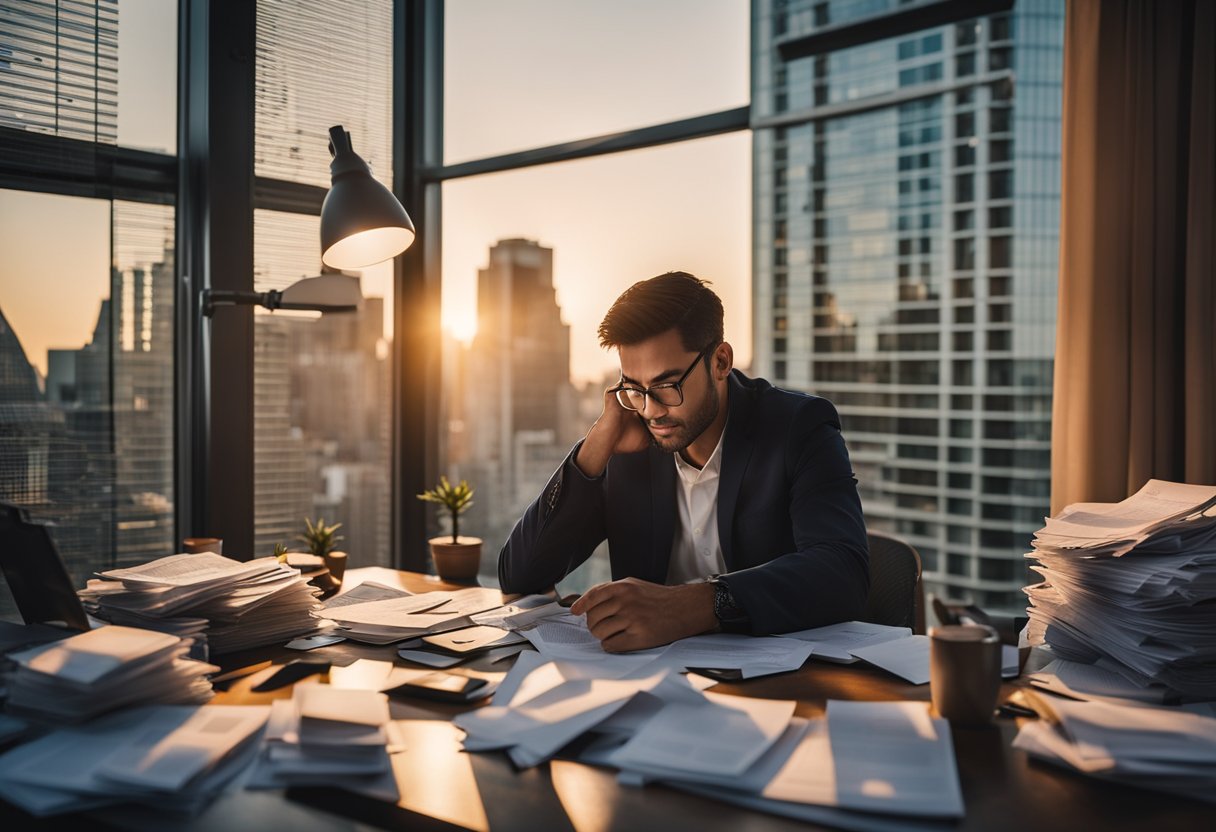 A freelancer sits at a cluttered desk, surrounded by invoices and receipts. They furrow their brow, trying to make sense of their finances. Outside, the sun sets on a bustling cityscape