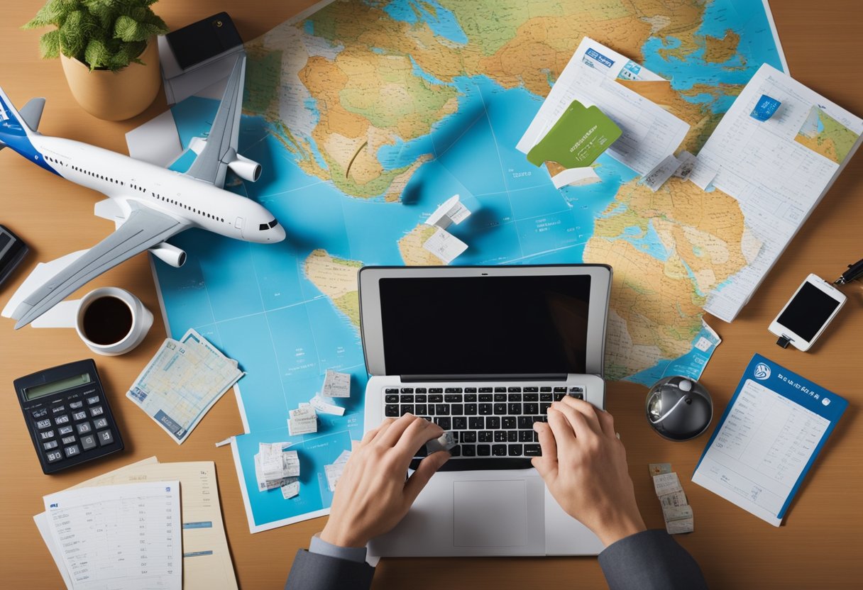 A traveler eagerly scans through a variety of loyalty program cards and airline logos, surrounded by a map and a globe, while a calculator and notebook sit nearby for diligent planning