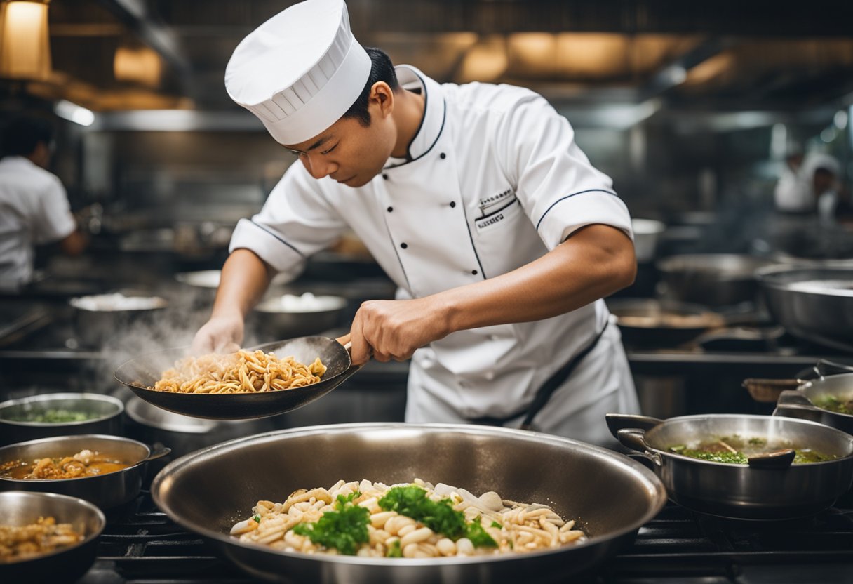 A chef prepares bamboo clam recipe with garlic, chili, and herbs in a sizzling wok