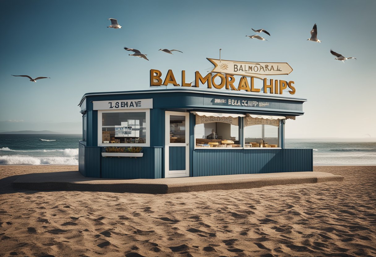 A seaside shop with a sign reading "Balmoral Fish and Chips" sits next to a sandy beach, with seagulls flying overhead and waves crashing in the background