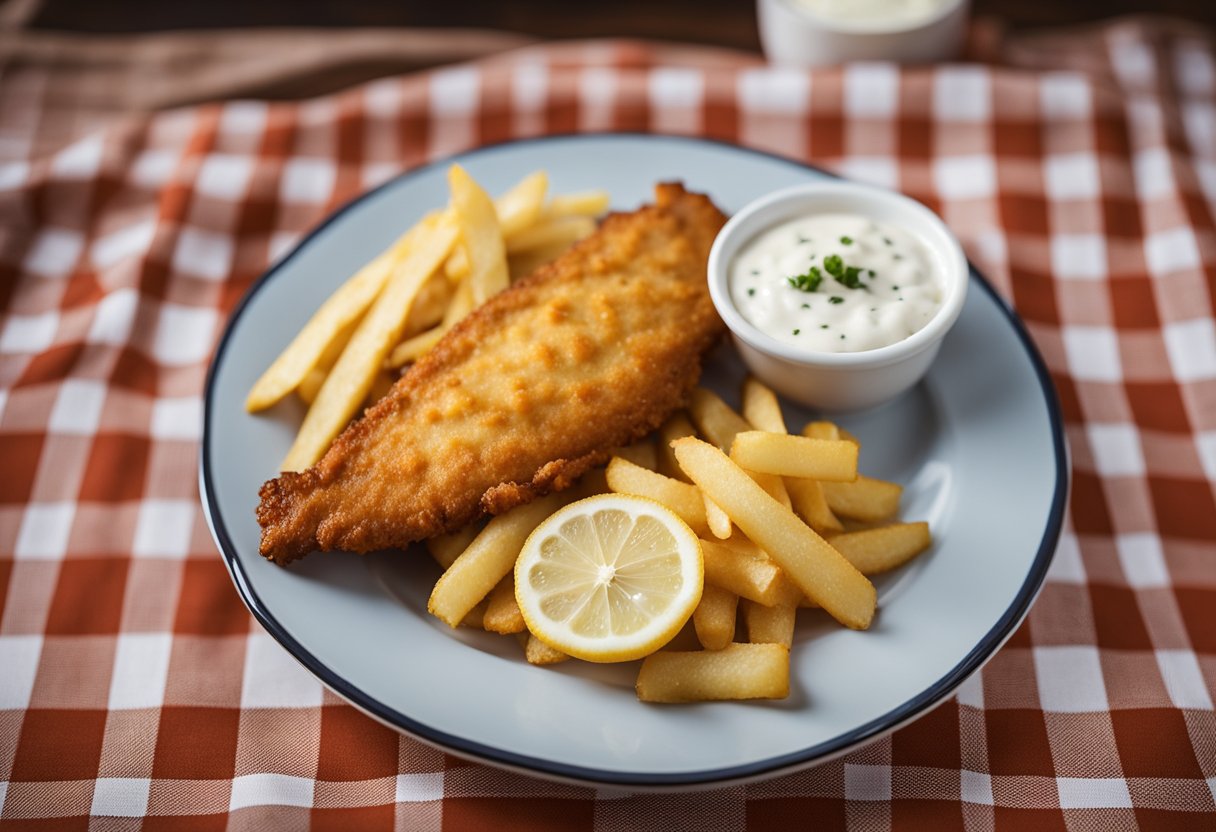 A plate of golden-brown fish and chips sits on a checkered tablecloth, accompanied by a side of tartar sauce and a slice of lemon