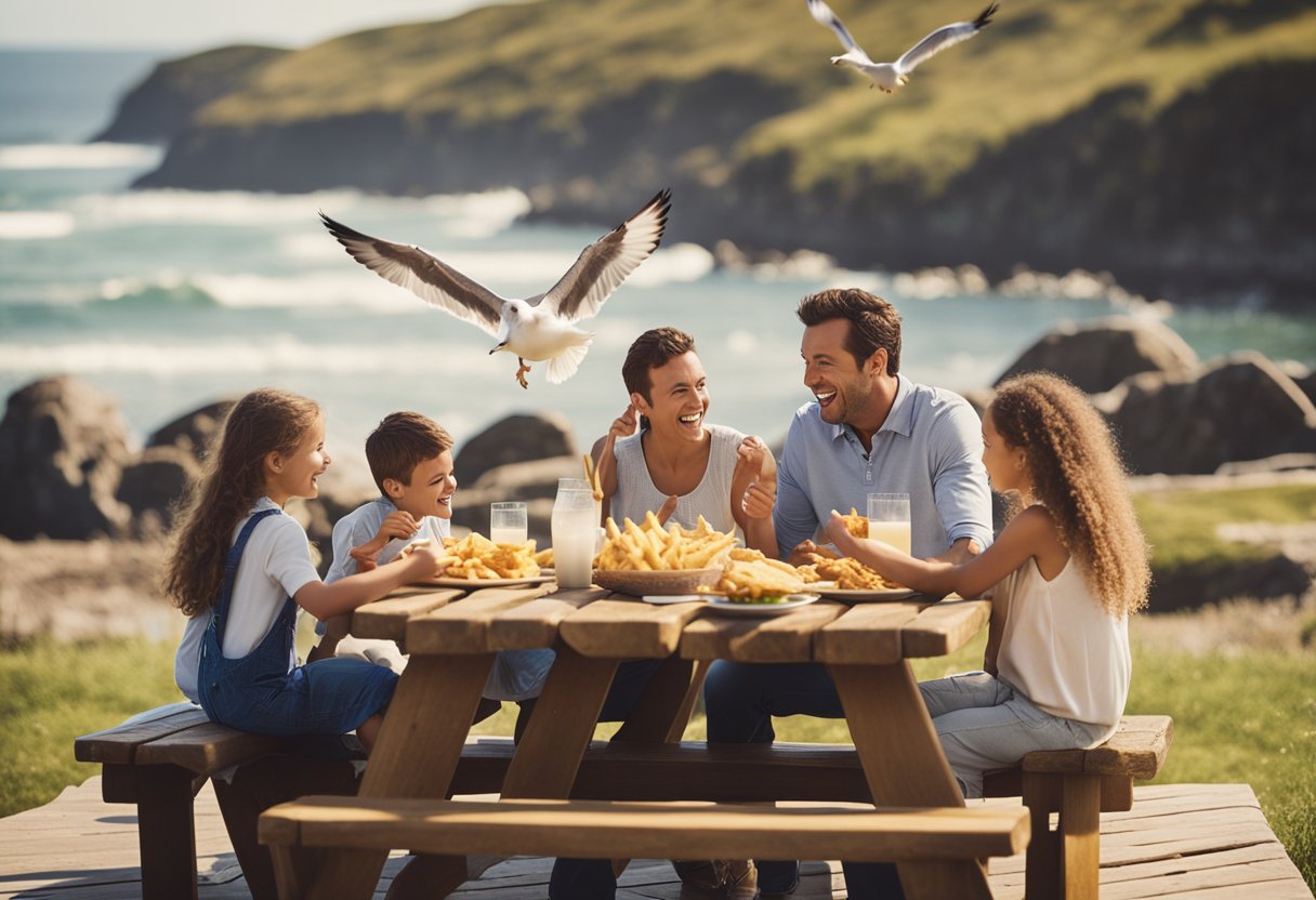 A family enjoys crispy fish and golden chips at a seaside picnic table, with seagulls circling overhead and waves crashing in the background