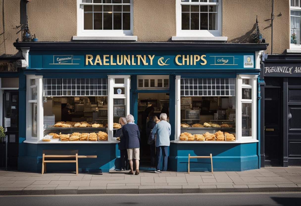 A bustling fish and chip shop with a queue of customers, a sign reading "Frequently Asked Questions balmoral fish and chips" above the entrance