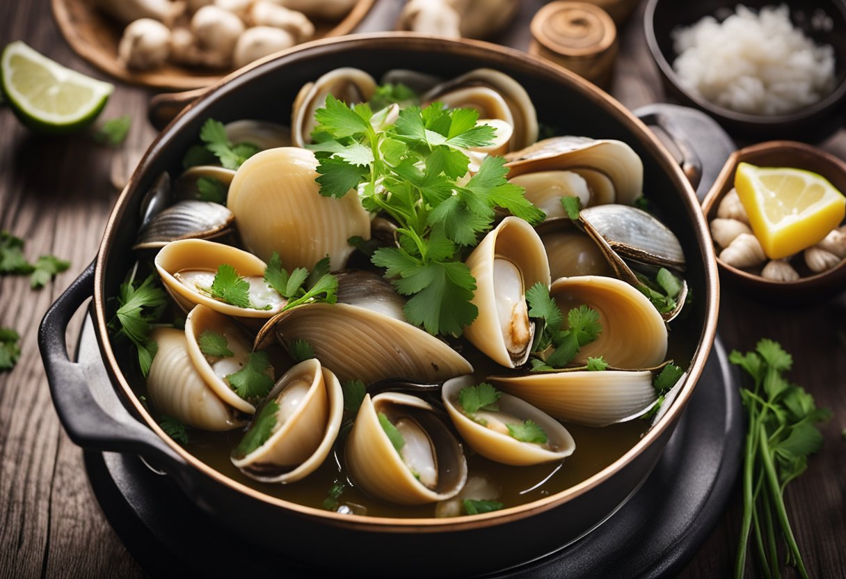 Bamboo clams being steamed in a pot with garlic, ginger, and chili, garnished with cilantro and served on a platter