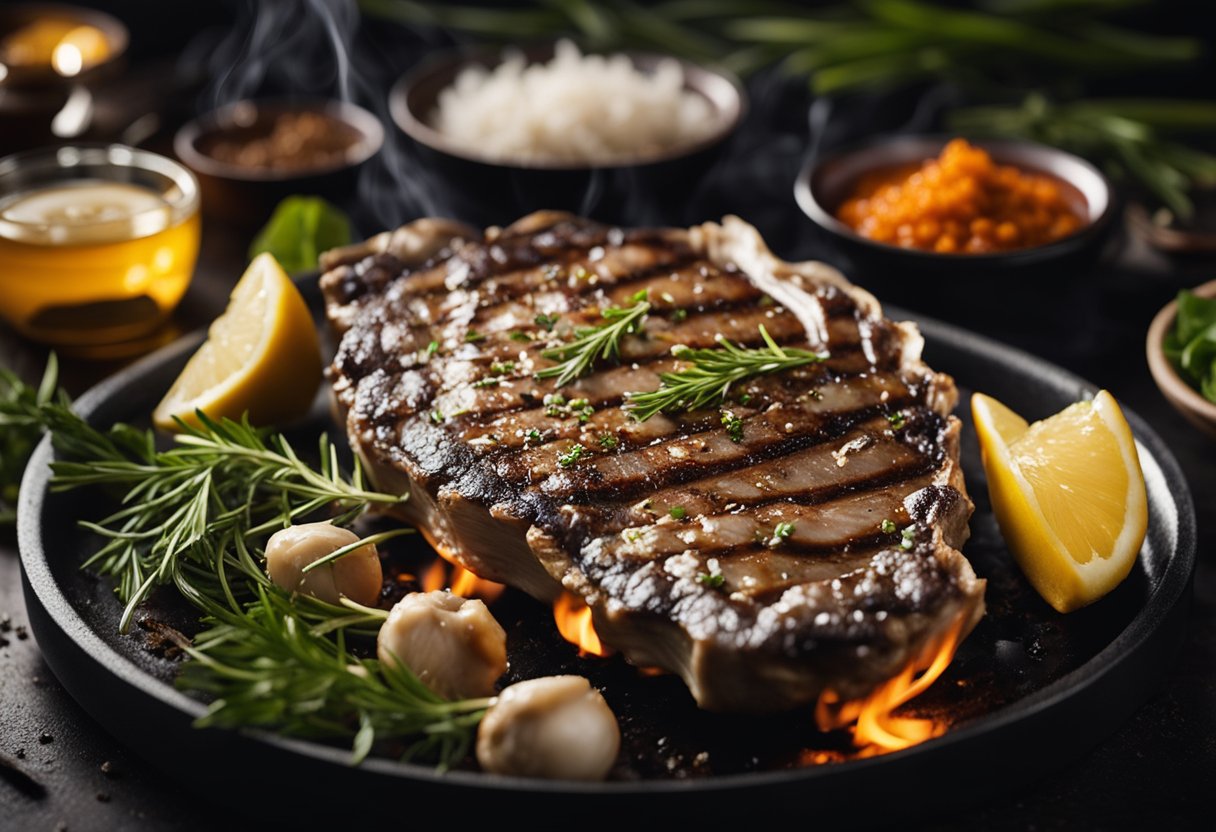 A sizzling oyster blade steak searing on a hot grill, surrounded by aromatic herbs and spices, with a rich marinade being brushed on by a chef