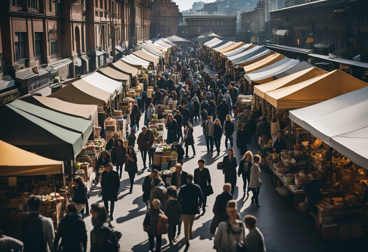 A bustling art market with buyers and sellers, showcasing diverse artworks. Potential for growth and profit, but also risks