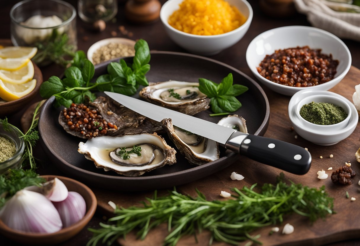 A cutting board with raw oyster blade beef, assorted herbs, and spices arranged neatly next to a sharp knife and a bowl of marinade