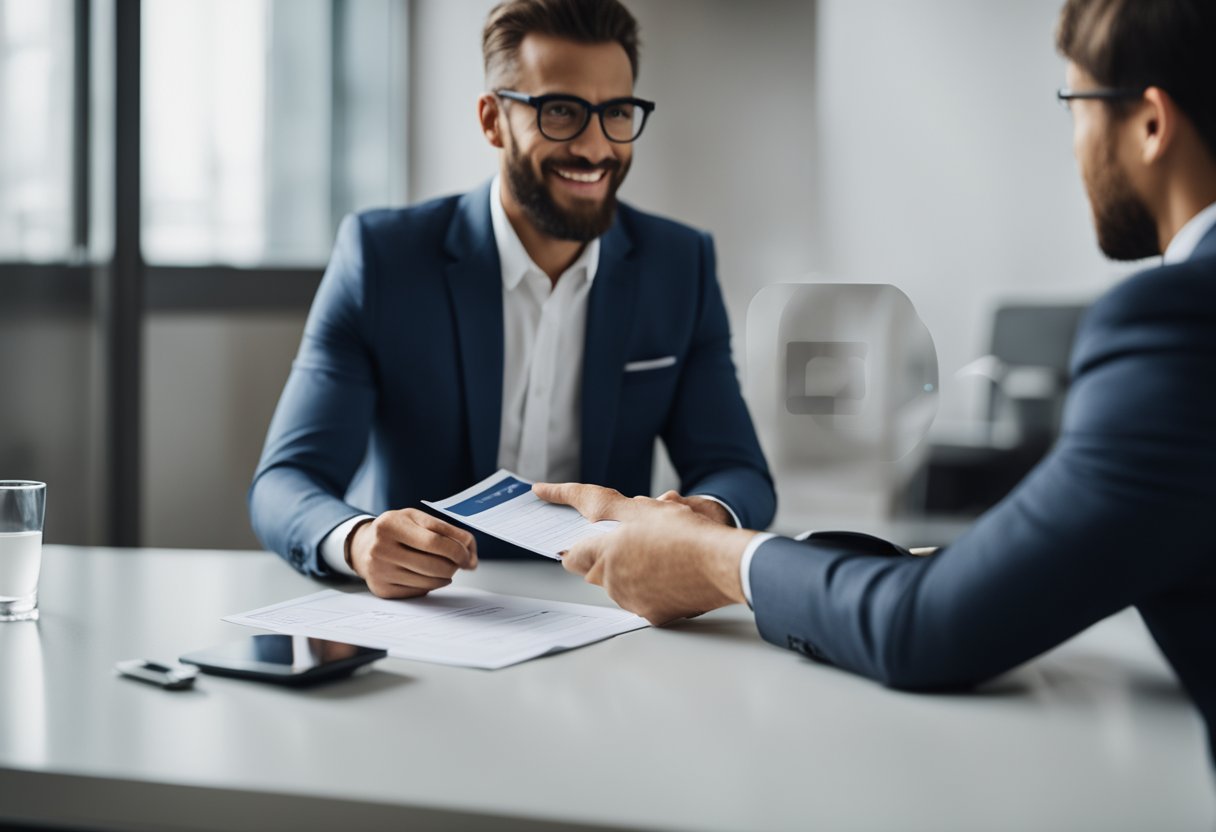 A confident individual presenting a list of desired salary and benefits to a receptive employer at a negotiation table